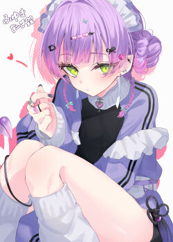 1girl armband artist_name barbell_piercing black_shorts braid commentary diamond_hair_ornament double_bun ear_piercing finger_heart frilled_armband frills fuyukitama gradient_hair green_eyes hair_bun heart highres hololive industrial_piercing jacket jersey_maid jewelry looking_at_viewer maid maid_headdress multicolored_hair official_alternate_costume official_alternate_hairstyle piercing pink_hair pixel_heart purple_hair purple_track_suit ring shorts solo symbol-only_commentary tokoyami_towa tokoyami_towa_(jersey_maid) track_suit tube_socks twin_braids two-tone_hair unconventional_maid virtual_youtuber