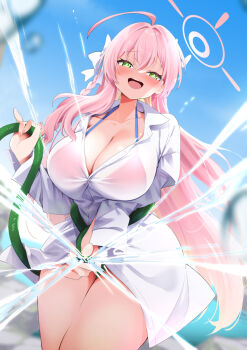 1girl :d ahoge bikini bikini_under_clothes bikini_visible_through_clothes blonde_hair blue_archive blue_sky blush bow braid breasts commentary_request cowboy_shot curvy dress_shirt gradient_hair green_eyes hair_between_eyes hair_bow halo halterneck hanako_(blue_archive) hanako_(swimsuit)_(blue_archive) highres holding holding_hose hose huge_ahoge huge_breasts kanmuri_(kannmuri0227) long_hair long_sleeves multicolored_hair nail_polish no_pants official_alternate_costume open_mouth outdoors partially_unbuttoned pink_bikini pink_hair pink_halo pink_nails see-through_clothes see-through_shirt shirt side_braid single_braid sky smile solo spraying string_bikini swimsuit teeth upper_teeth_only very_long_hair wet wet_clothes wet_shirt white_bow white_shirt