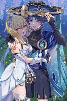 1boy 1girl armor black_gloves black_shorts black_sleeves blonde_hair blunt_ends blush breasts closed_mouth dress fingerless_gloves flower genshin_impact gloves hair_between_eyes hair_flower hair_ornament hat highres japanese_armor japanese_clothes jewelry jingasa kote kurokote long_hair looking_at_viewer lumine_(genshin_impact) mandarin_collar medium_breasts open_mouth purple_eyes purple_hair scaramouche_(genshin_impact) shirt short_hair short_sleeves shorts smile snow20200 thighhighs tongue tongue_out vision_(genshin_impact) wanderer_(genshin_impact) white_dress white_thighhighs yellow_eyes