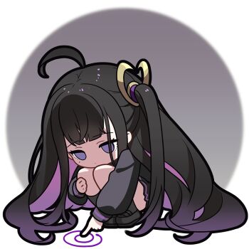 1girl ahoge black_hair black_serafuku black_shirt black_shoes black_skirt black_socks chitose_(stella_sora) closed_mouth colored_inner_hair commentary dot_mouth empty_eyes english_commentary full_body gradient_hair loafers long_hair long_sleeves miniskirt mole mole_under_eye multicolored_hair official_art one_side_up pleated_skirt purple_eyes purple_hair school_uniform serafuku shirt shoes simple_background skirt socks solo squatting stella_sora transparent_background very_long_hair