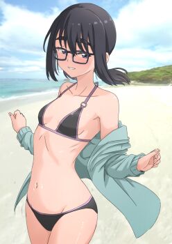 1girl beach bikini black_bikini black_eyes black_hair blue_jacket breasts commentary_request cowboy_shot glasses hakuino_hakase highres hood hooded_jacket horizon jacket low_ponytail medium_hair navel o-ring o-ring_top ocean original parted_lips ponytail small_breasts smile solo swimsuit thick_eyebrows