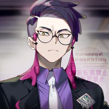 1boy black-framed_eyewear black_hair black_jacket blurry blurry_background closed_mouth collared_shirt commentary_request corbeau_(pokemon) dated glasses jacket male_focus necktie ninahachi nintendo open_clothes open_jacket pokemon pokemon_legends:_z-a purple_shirt round_eyewear shirt short_hair solo twitter_username upper_body watermark white_necktie yellow_eyes