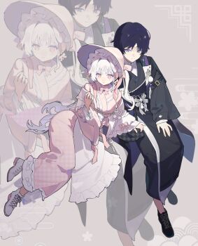 Rule 34 | 1boy, 1girl, aiguillette, alternate costume, apron, artist request, black cape, black hair, black kimono, black sleeves, blunt bangs, blunt ends, bonnet, bow, bow earrings, cape, chinese knot, choppy bangs, closed mouth, commission, commissioner insert, couple, cross-laced shoes, earrings, fingernails, frilled apron, frilled hat, frilled sleeves, frills, full body, genshin impact, hair intakes, hand on another's thigh, hand on own thigh, haori himo, hat, hayami momo (hayamimomo), hetero, highres, japanese clothes, jewelry, kimono, lace, lace-trimmed kimono, lace trim, layered sleeves, leaning on person, long hair, long sleeves, looking at another, looking down, lying, on side, original, pink background, pink bow, pink eyes, pink hat, pink kimono, pink sleeves, purple cape, purple eyes, scaramouche (genshin impact), second-party source, shirt, shoes, smile, tassel, tsurime, turtleneck, turtleneck shirt, two-sided cape, two-sided fabric, undershirt, waist apron, white apron, white bow, white hair, white shoes, white sleeves, zoom layer