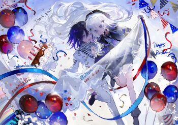 1boy 1girl ahoge balloon birthday_cake black_hair black_hat black_jacket black_shoes black_shorts blue_eyes cake chain checkered_clothes checkered_scarf chinese_commentary closed_mouth commentary_request commission danganronpa_(series) danganronpa_v3:_killing_harmony dated english_text expressionless floating_hair food foot_up hair_between_eyes happy_birthday hat highres jacket medium_hair oma_kokichi one_eye_closed open_clothes open_jacket open_mouth original pants pennant purple_eyes scarf shirt shoes shorts smile sparkle_hair_ornament thank_you vihua6 white_hair white_jacket white_pants white_shirt