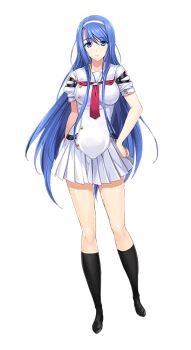 Rule 34 | 1girl, black socks, blue eyes, blue hair, breasts, choukou (alicesoft), choukou shinki ixseal, ellis xillia, full body, hairband, hand on own hip, kneehighs, loafers, long hair, looking at viewer, mole, necktie, official art, onigirikun, otogi frontier, pleated skirt, school uniform, second-party source, shoes, short sleeves, skirt, smile, socks, solo, standing, tachi-e, transparent background, variant set, very long hair, white hairband