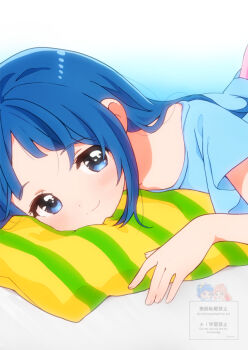 Rule 34 | 1girl, blue eyes, blue hair, blue shirt, head on pillow, hirogaru sky! precure, kyanos (b 0000ff), long hair, looking at viewer, lying, on stomach, pillow, precure, shirt, smile, solo, sora harewataru, striped pillow, t-shirt, watermark, white background