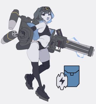 1girl absurdres animal_ears black_eyes black_thighhighs blonde_hair blue_eyes breasts colored_inner_hair fang floppy_ears gya_rb helldivers_(series) heterochromia highres jetpack multicolored_hair navel pale_skin railgun short_hair short_shorts shorts simple_background small_breasts sports_bra thighhighs thighs white_background
