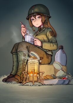 ankle_boots beans boots box brown_eyes brown_hair can candy canteen cookie eating erica_(naze1940) food gaiters grass helmet highres long_hair mess_kit military military_uniform on_box original sitting sitting_on_box soldier solo spoon steam world_war_ii
