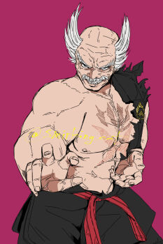 Rule 34 | 1boy, abs, belt, belt over shoulder, black belt, black pants, bow, commentary request, cowboy shot, facial hair, fighting stance, fingernails, grin, highres, kubrick stare, male focus, mishima heihachi, mustache, nipples, pants, partial commentary, red background, red bow, sharp teeth, short hair, simple background, smile, smirkingcat, solo, spiked hair, teeth, tekken, topless male, v-shaped eyebrows, white hair, wrinkled skin