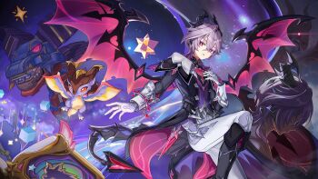 Rule 34 | 2boys, absurdres, aratakosu (tako's), black boots, black coat, black horns, book, boots, coat, commentary, dragon, dragon boy, dragon horns, dragon wings, english commentary, feet out of frame, genshin impact, gloves, guest art, hair between eyes, hand on own chest, highres, horns, long sleeves, looking at viewer, male focus, mini durin (dragon) (genshin impact), mini durin (genshin impact), mini durin (human) (genshin impact), multiple boys, multiple persona, open book, pants, parted lips, purple hair, purple wings, red eyes, second-party source, sky, small dragon, star (sky), starry sky, white gloves, white pants, wings