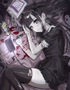 1girl :o bed_sheet black_dress black_eyes black_hair black_leggings blood blood_on_arm blood_on_face blood_stain blunt_bangs bow boxcutter can dress drink_can drugs earrings electronic_cigarette exposed_fat feet_out_of_frame hair_bow highres holding holding_boxcutter injury jewelry leggings long_hair looking_at_viewer m_psycho_83 multiple_earrings on_bed original paperclip_earrings pill razor_blade ring self-harm sidelocks solo thigh_cutting thighhighs torn_clothes torn_leggings two_side_up wrist_cutting zettai_ryouiki