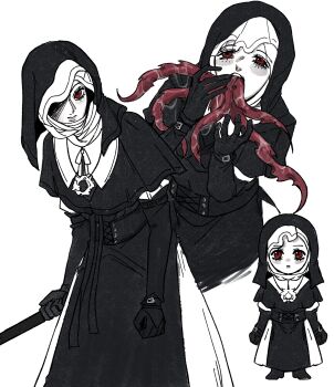 1girl absurdres black_bodice black_capelet black_gloves black_hood capelet chibi commentary elden_ring elden_ring_nightreign english_commentary flanged_mace full_body gloves highres holding holding_mace holding_weapon mace mouth_tentacles multiple_views nun one_eye_in_shadow red_eyes saliva tentacles undertaker_(elden_ring) velmonair weapon white_background white_coif