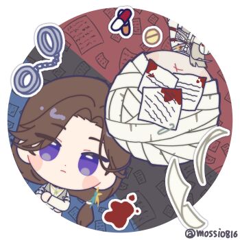 1boy 1girl aleph_(reverse:1999) bandaged_head bandages brown_hair chibi closed_mouth commentary_request covered_eyes cuffs facing_viewer grey_background handcuffs highres holding holding_paper korean_commentary long_hair looking_at_viewer low_ponytail mossi_(mossi0816) octavia_(reverse:1999) paper pill ponytail purple_eyes reverse:1999 round_image shirt the_idealist_(reverse:1999) twitter_username upper_body white_shirt x_mouth