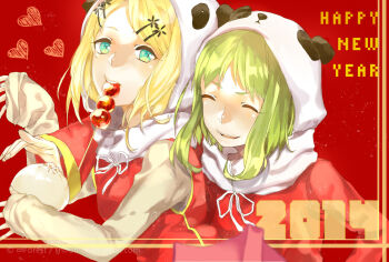 2014 2girls animal_hood black_hair china_dress chinese_clothes closed_eyes commentary dango dress english_commentary food food_in_mouth green_eyes green_hair grey_shirt gumi hair_ornament hairclip happy_new_year hatsune_miku highres hood hug hug_from_behind long_sleeves multiple_girls new_year panda_hood parted_lips red_dress sanshoku_dango shiromoriko shirt sleeveless sleeveless_dress sleeves_past_wrists smile steamed_bun swept_bangs vocaloid wagashi yi_er_fan_club_(vocaloid)