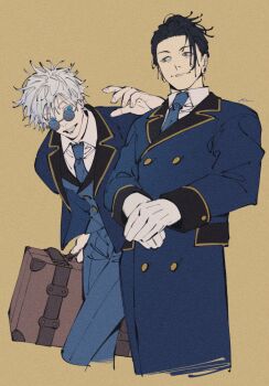 2boys alternate_costume arm_up black_hair blue_coat blue_eyes blue_necktie blue_pants blue_vest brown_eyes buttons closed_mouth coat collared_shirt commentary cropped_legs crossed_legs double-breasted earrings film_grain fingernails getou_suguru gloves gojou_satoru highres holding holding_suitcase jewelry jujutsu_kaisen lapels looking_at_another looking_to_the_side male_focus mim_(mimya0600) multiple_boys necktie notched_lapels own_hands_together pants piercing plug_(piercing) rimless_eyewear round_eyewear shirt signature simple_background sleeve_cuffs smile suitcase sunglasses teeth vest watson_cross white_gloves white_hair white_shirt wing_collar yellow_background