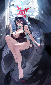 1girl absurdres barefoot black_camisole black_choker black_hair black_wings blue_archive breasts camisole choker cleavage closed_mouth collarbone feathered_wings feathers feet halo hasumi_(blue_archive) highres huge_breasts knee_up legs long_hair okkimon red_eyes red_halo sitting solo toes very_long_hair wings