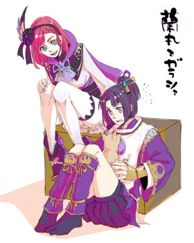 animal armor black_hair blunt_bangs boots box braid capelet cat feather_hair_ornament flower green_eyes grey_eyes hair_ornament hair_tie holding holding_animal hosokawa_gracia japanese_clothes japanese_text kimono legs mori_ranmaru obi on_box parted_bangs ponytail red_hair ribbon sash sengoku_musou shorts sitting sitting_on_box smile tabard thighhighs white_thighhighs