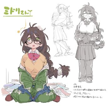 1girl ahoge blush bow bowtie breasts brown_hair collared_shirt commentary_request glasses green_eyes green_jacket highres jacket large_breasts long_hair looking_at_viewer messy_hair momokumo multiple_views off_shoulder open_clothes open_jacket open_mouth original papers reference_sheet school_uniform shirt simple_background sitting sketch skirt socks sweatdrop sweater track_jacket white_background
