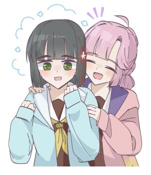 2girls :d ^_^ ahoge alternate_color anyoji_hime black_hair blue_jacket blush borrowed_clothes brown_dress closed_eyes commentary dress green_eyes hand_on_another's_arm hand_on_another's_shoulder hasu_no_sora_school_uniform highres hood hooded_jacket jacket link!_like!_love_live! long_hair long_sleeves love_live! medium_hair mihasu_ll momose_ginko multi-tied_hair multiple_girls neckerchief notice_lines open_clothes open_jacket open_mouth pink_hair pink_jacket ponytail sailor_collar sailor_dress school_uniform simple_background sleeves_past_wrists smile virtual_youtuber white_background white_sailor_collar winter_uniform yellow_neckerchief