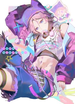 Rule 34 | 1boy, animal hat, arm up, beanie, belt, black male underwear, black shirt, blowing bubble gum, blue shorts, bright me up!! (ensemble stars!), cat hat, chewing gum, chibi, chibi inset, crop top, dated, ensemble stars!, happy birthday, hashtag-only commentary, hat, highres, jacket, jacket partially removed, jewelry, layered shirt, male focus, male underwear, navel, necklace, official alternate costume, official alternate hairstyle, oukawa kohaku, pink belt, pink hair, pink jacket, pom pom (clothes), pom pom beanie, purple eyes, purple hat, reku216, safety pin, shirt, short hair, shorts, single bare shoulder, sleeveless, sleeveless shirt, sleeves past wrists, solo, star (symbol), stomach, thigh strap, torn clothes, torn shorts, underwear, white shirt