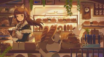 1girl animal-themed_food animal_ears apron bakery basket black_dress blue_collar blue_ribbon bread brown_eyes brown_hair brown_ribbon cat clock closed_mouth cocoa_(shinyshynii) collar commentary dress english_commentary floating_hair food french_text frilled_apron frills from_outside hair_ribbon highres holding holding_tray knife light_smile loaf_of_bread long_hair long_sleeves looking_at_viewer mirrored_text mole mole_under_eye neck_ribbon original plant ribbon shelf shinyshynii shop sidelighting swept_bangs translation_request tray upper_body white_apron white_wrist_cuffs wolf_ears wolf_girl wrist_cuffs