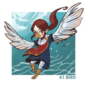 1girl beak bird_girl blue_robe blush_stickers brown_footwear brown_hair commentary english_commentary english_text feathered_wings feathers flying full_body highres long_hair looking_at_viewer medli nintendo ora-illustration ponytail red_eyes rito robe sidelocks solo spread_wings the_legend_of_zelda the_legend_of_zelda:_the_wind_waker white_feathers wings