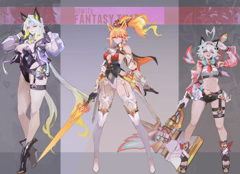 3girls animal_ears black_boots black_garter_belt black_gloves black_leotard black_shorts boots breasts commentary contrapposto english_commentary full_body garter_belt gloves gradient_hair half_gloves hammer highres holding holding_hammer huge_weapon leotard long_hair long_sleeves looking_at_viewer medium_breasts midriff mobile_legends:_bang_bang multicolored_hair multiple_girls orange_hair puffy_long_sleeves puffy_sleeves see-through_clothes see-through_sleeves short_shorts shorts sideboob smjim1986 strapless strapless_leotard thigh_boots thigh_strap very_long_hair weapon white_boots white_garter_belt white_hair white_leotard