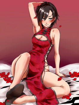 1girl arm_behind_head arm_support armpits bare_shoulders black_footwear black_hair blush breasts china_dress chinese_clothes cleavage cleavage_cutout clothing_cutout commentary covered_erect_nipples dress facing_viewer floral_print full_body grey_eyes highres legs made_in_2018 medium_breasts medium_hair multicolored_hair no_panties petals red_dress red_hair rose_petals ruby_rose rwby short_hair shure_(rainround) sitting sleeve_cuffs small_breasts solo streaked_hair thighs