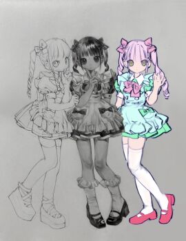 1girl apron black_bow bow bowtie collared_dress dress drill flat_color frills full_body graphite_(medium) green_eyes greyscale hair_bow hand_up highres lineart looking_at_viewer mary_janes mixed_media monochrome multiple_views original partially_colored pink_bow pink_hair puffy_short_sleeves puffy_sleeves shoes short_sleeves simple_background socks standing susushi_11 thighhighs traditional_media twintails white_thighhighs zettai_ryouiki