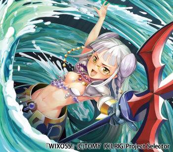 1girl bikini blue_gloves breasts carmilla_screw_(wixoss) character_request cleavage double_bun gloves hair_bun highres holding holding_polearm holding_weapon kousaku looking_at_viewer official_art polearm single_glove small_breasts solo swimsuit trident twintails water weapon white_bikini white_hair wixoss yellow_eyes
