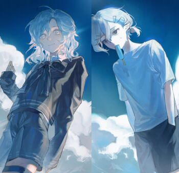 2boys absurdres age_comparison androgynous bags_under_eyes black_eyes black_ribbon black_shorts blue_sky braid cloud collared_shirt contemporary dual_persona dungeon_meshi elf food food_in_mouth from_below grey_eyes grey_hair hair_ornament hairclip half_up_braid hands_in_pockets highres lazy_eye long_sleeves looking_at_viewer male_focus medium_hair mithrun mithrun_(young) multiple_boys notched_ear pointy_ears ponytail popsicle popsicle_in_mouth ribbon shirt short_hair short_ponytail short_sleeves shorts sky smile sona_(lnjixn) split_screen summer sweatdrop uneven_eyes wavy_hair white_shirt