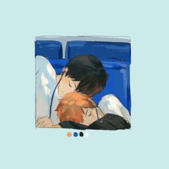 2boys black_hair black_shirt blue_background chair closed_eyes closed_mouth color_guide commentary earbuds earphones expressionless eyelashes haikyuu!! hashtag-only_commentary highres hinata_shouyou kageyama_tobio leaning_on_person light_particles long_sleeves male_focus multiple_boys on_chair sharing shirt short_hair simple_background sleeping tuuuuuututu upper_body white_shirt yaoi