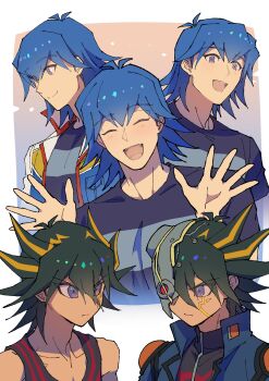3boys absurdres black_hair black_shirt blonde_hair blue_eyes blue_hair blue_jacket bruno_(yu-gi-oh!) facial_mark fudo_yusei highres jacket male_focus medium_hair multicolored_hair multiple_boys purple_eyes shirt short_hair spiked_hair streaked_hair two-tone_hair upper_body white_jacket youko-shima yu-gi-oh! yu-gi-oh!_5d&#039;s z-one