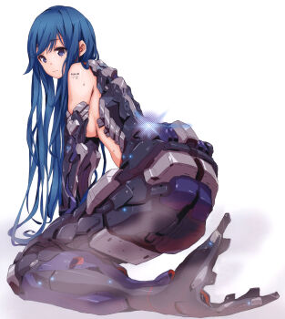 1girl absurdres arm_support backbone barcode blue_eyes blue_hair breasts cyberpunk cyborg female_focus from_behind frown highres kneeling long_hair looking_at_viewer looking_back mechanical_arms mechanical_legs mechanical_spine medium_breasts mermaid monster_girl nude original photoshop_(medium) saitou_masatsugu science_fiction sideboob simple_background single_mechanical_arm solo spine very_long_hair wet wet_hair white_background