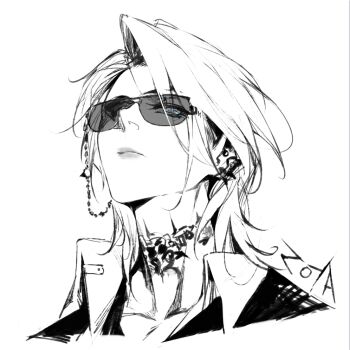 1girl collarbone ear_piercing earrings glasses greyscale jacket jewelry looking_at_viewer looking_down monochrome neck original path_to_nowhere piercing reroi simple_background solo sunglasses tattoo upper_body white_background white_hair zoya_(path_to_nowhere)