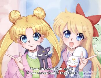2girls :d adult_swim aino_minako animal animal_on_shoulder artemis_(sailor_moon) artist_name bishoujo_senshi_sailor_moon bishoujo_senshi_sailor_moon_r bishoujo_senshi_sailor_moon_r:_the_movie bishoujo_senshi_sailor_moon_s bishoujo_senshi_sailor_moon_s_the_movie:_kaguya-hime_no_koibito bishoujo_senshi_sailor_moon_supers bishoujo_senshi_sailor_moon_supers_the_movie:_sailor_9_senshi_shuuketsu!_black_dream_hole_no_kiseki black_cat blonde_hair blue_eyes bow cat closed_mouth commentary double_bun english_commentary english_text hair_bow hair_bun highres long_hair luna_(sailor_moon) multiple_girls open_mouth radicalyue red_bow smile toei_company toonami tsukino_usagi v-shaped_eyebrows viz_media white_cat