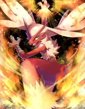 absurdres arm_up beak blaziken blue_eyes claws feathers fire gen_3_pokemon glowing highres looking_at_viewer ms_misubaru_mk2 multicolored_feathers nintendo no_humans pokemon pokemon_(creature) pokemon_focus red_feathers solo white_feathers yellow_feathers