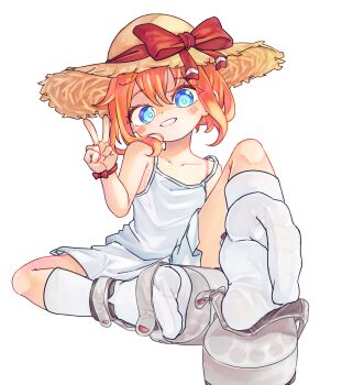 1girl arm_up blue_eyes blush bow breasts chaosexceed collarbone dress feet foot_focus foreshortening full_body hat hat_bow head_tilt highres looking_at_viewer no_shoes orange_hair original platform_sandals red_bow red_ribbon ribbon sandals see-through_clothes see-through_legwear short_hair simple_background sitting small_breasts smile socks soles solo sun_hat sundress toenails toes v white_background white_dress white_sandals white_socks wrist_ribbon