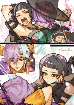 &gt;_&lt; 1boy 1girl aqua_shirt arm_behind_head arm_holster armpits black_hair black_hat blunt_bangs breast_biting breasts brown_hair couple crossed_bangs d: detached_sleeves double_bun dragonla dx earrings facial_mark furrowed_brow hair_between_eyes hair_bun hair_over_eyes halterneck hat hetero highres holding holding_knife jewelry knife kpop_demon_hunters medium_breasts mystery_(kpop_demon_hunters) nail_polish one_eye_closed open_mouth orange_arm_warmers orange_sleeves purple_hair shirt short_bangs short_hair shouting studded_gloves twintails upper_body yellow_eyes zoey_(kpop_demon_hunters)
