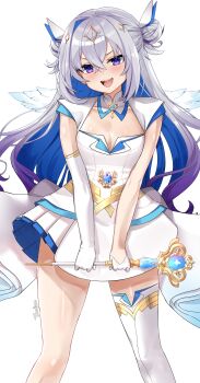 1girl :d absurdres alternate_costume amane_kanata angel angel_wings artist_name asymmetrical_gloves asymmetrical_legwear bilingual_commentary blue_hair breasts cleavage colored_inner_hair commentary double_bun dress english_commentary feathered_wings frilled_skirt frills gem gloves grey_hair hair_between_eyes hair_bun hair_ornament halloween highres holding holding_staff hololive jewelry long_hair looking_at_viewer magical_girl mahou_shoujo_holowitch! mixed-language_commentary multicolored_hair open_mouth purple_eyes simple_background skirt small_breasts smile solo staff tnolize virtual_youtuber white_background white_dress white_gloves wings