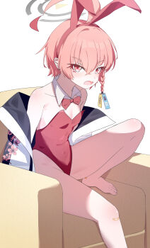 Rule 34 | 1girl, absurdres, ahoge, animal ear hairband, animal ears, astnya, asymmetrical hair, barefoot, black halo, blue archive, bow, bowtie, braid, breasts, commentary request, couch, detached collar, fake animal ears, hairband, halo, highres, huge ahoge, jacket, leotard, mole, mole under each eye, mole under eye, multiple moles, neru (blue archive), neru (bunny) (blue archive), orange hair, playboy bunny, print jacket, rabbit ears, red bow, red bowtie, red eyes, red leotard, short hair, simple background, single braid, small breasts, solo, strapless, strapless leotard, sukajan, white background