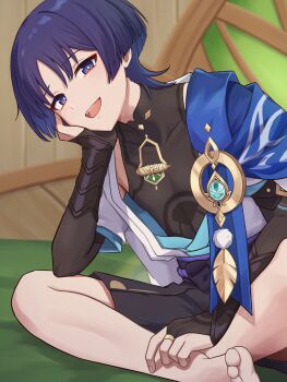 1boy absurdres amekun_(nanachimaru) anemo_symbol_(genshin_impact) aqua_gemstone aqua_sleeves arm_support armor barefoot black_bodysuit blue_cape bodysuit bridal_gauntlets bright_pupils cape covered_collarbone elbow_on_thigh eyeliner eyeshadow feathers fingernails gem genshin_impact gold gold_ring hand_on_own_ankle head_rest highres indian_style japanese_armor kote kurokote layered_sleeves leaning_to_the_side looking_at_viewer makeup male_focus middle_eastern_architecture middle_ring open_mouth pom_pom_(clothes) purple_eyes purple_hair red_eyeliner red_eyeshadow scaramouche_(genshin_impact) short_sleeves shoulder_peek sitting solo teeth upper_teeth_only vision_(genshin_impact) wanderer_(genshin_impact) white_pupils white_sleeves white_trim yellow_feathers