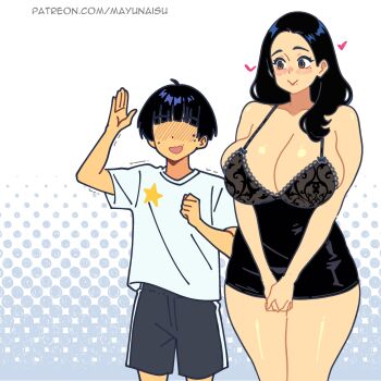 1boy 1girl :d absurdres age_difference bare_arms bare_shoulders black_dress black_hair black_shorts blue_background blue_shirt blurry blush breasts brown_eyes cleavage commentary cowboy_shot dot_nose dress english_commentary facial_hair family forehead full-face_blush hand_up highres large_breasts legs_together long_hair looking_at_another looking_to_the_side mature_female mayu_naisu mole mole_under_eye mole_under_mouth mother_and_child mother_and_son multiple_boys no_eyes open_mouth original own_hands_together parent_and_child patreon_username pencil_dress polka_dot polka_dot_background print_shirt salute shirt short_dress short_hair short_sleeves shorts sideboob sleeveless sleeveless_dress smile standing star_(symbol) straight_hair sweat t-shirt trembling v_arms white_background