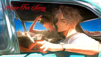 2boys absurdres alain_saverio arm_outside_window brown_hair car car_interior cigarette desert driving haruka_tooki_ie hayden_stewart highres holding holding_cigarette holding_removed_eyewear jewelry looking_at_object looking_at_viewer map motor_vehicle mukashi95 multiple_boys necklace parted_bangs shirt smoke sunglasses unworn_eyewear watch white_shirt wristwatch yaoi