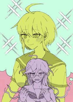 2girls ahoge blush breasts closed_mouth collared_shirt commentary_request danganronpa_(series) danganronpa_another_episode:_ultra_despair_girls eyelashes fukawa_toko glasses hair_between_eyes hair_ornament hairclip highres imagining limited_palette long_hair long_sleeves messy_hair multiple_girls naegi_komaru neckerchief open_mouth sailor_collar shirt short_hair short_sleeves sidelocks smile speech_bubble sweat thought_bubble uru...