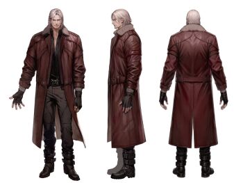 1boy black_shirt blue_eyes boots closed_mouth coat dante_(devil_may_cry) devil_may_cry_(series) facial_hair full_body jacket looking_at_viewer male_focus multiple_views open_clothes open_coat open_jacket parted_hair pocket red_coat red_jacket reference_sheet shirt simple_background standing t4gamo turnaround unzipped white_background white_hair zipper