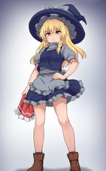 1girl alternate_color angry apron blonde_hair blue_hat blue_skirt blue_vest boots bow braid brown_boots closed_mouth commentary_request grey_apron grey_bow hand_on_own_hip hat hat_bow highres holding holding_ribbon kirisame_marisa long_hair looking_at_viewer miniskirt puffy_short_sleeves puffy_sleeves red_ribbon ribbon short_sleeves side_braid single_braid skirt solo suwaneko touhou vest witch_hat yellow_eyes