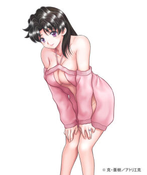 1girl bare_shoulders black_hair breasts cleavage collarbone dress futari_ecchi halterneck jewelry katsu_aki large_breasts leaning_forward long_hair looking_at_viewer mature_female off_shoulder onoda_yura pink_sweater purple_eyes ring simple_background smile solo sweater sweater_dress wedding_ring white_background