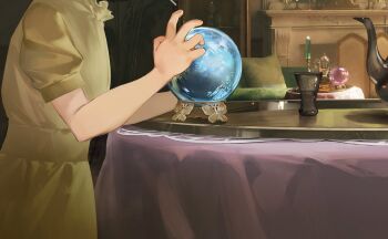 1girl aged_down couch crystal_ball cup dress hand_focus head_out_of_frame highres indoors matilda_bouanich official_art puffy_short_sleeves puffy_sleeves reverse:1999 short_sleeves solo table teapot yellow_dress