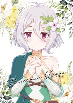 Rule 34 | 1girl, absurdres, antenna hair, armlet, bag, dress, elf, flower, green dress, green sleeves, grey hair, hair between eyes, hair flower, hair ornament, highres, jewelry, kokkoro (princess connect!), looking at viewer, own hands clasped, own hands together, pink eyes, pointy ears, princess connect!, pypy707, see-through clothes, see-through sleeves, single bare shoulder, smile, white flower